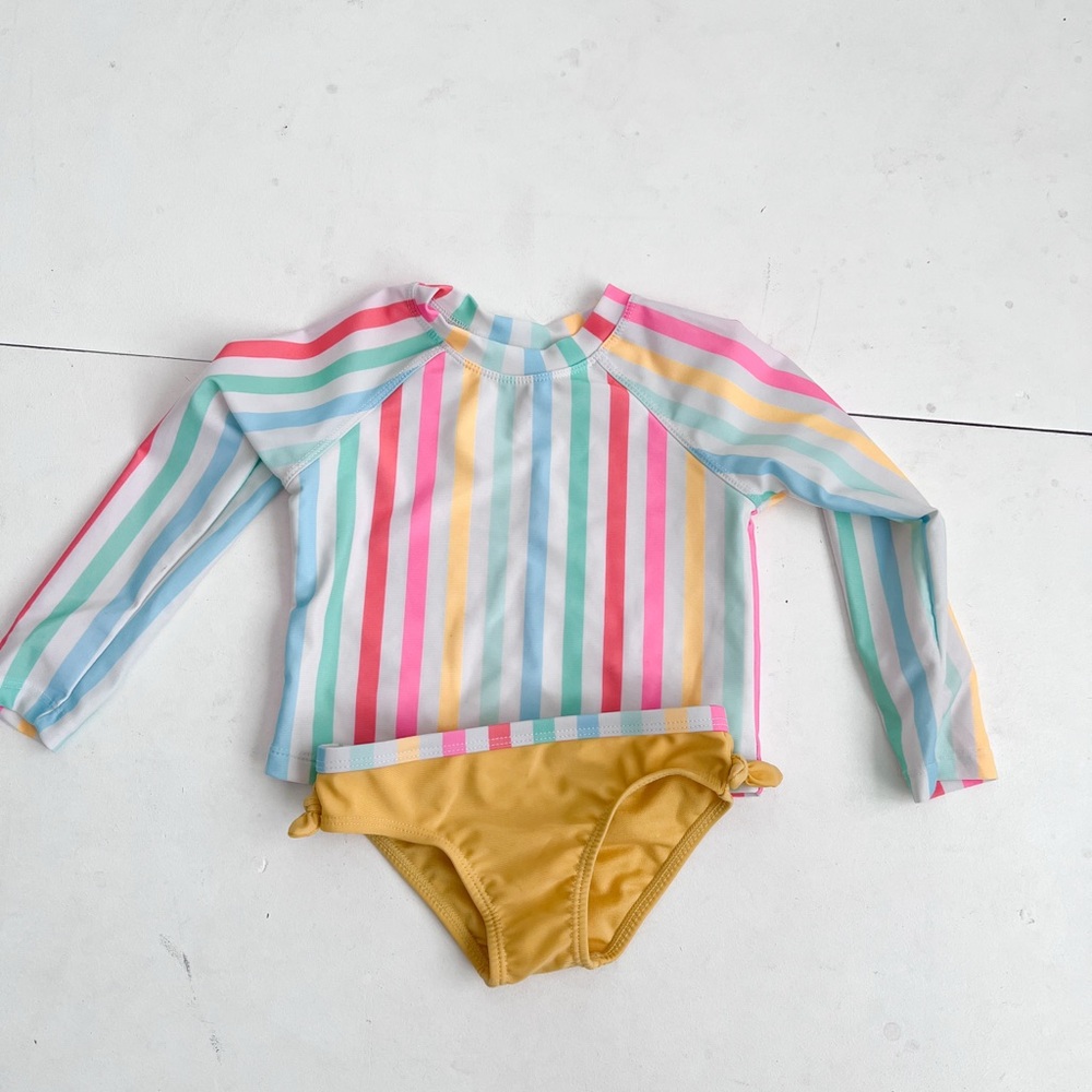 Toddler Girl Multicolor Stripe Long-Sleeve Rash Guard Set with Yellow Bottoms 2T